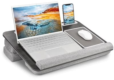 Laptop schootbureau, computerbureaus met kussen, geschikt voor laptops tot 17 inch, ontworpen verstelbaar drievoudig schootpad, opbergfunctie en polssteun, thuiskantoor schoottafel voor volwassen