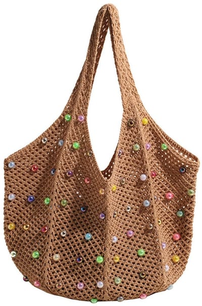 Allecto - Boho Crochet Beach Bag - Woven Handbag - Lichtgewicht en duurzaam - Bruin - Hippie stijl - Perfect voor strandbezoek - Vrolijke kleurtj