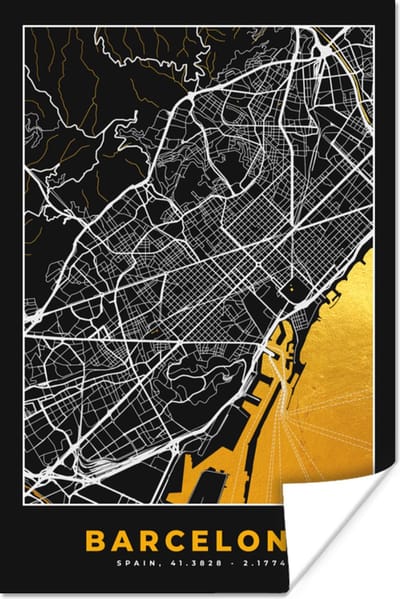 Poster Barcelona - Stadskaart - Plattegrond - Goud - Kaart - 120x180 cm XXL