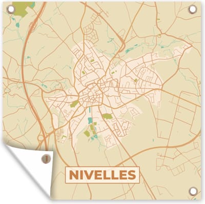 Tuin poster Kaart - Retro - Stadskaart - Plattegrond - Nijvel - 200x200 cm - Tuindoek