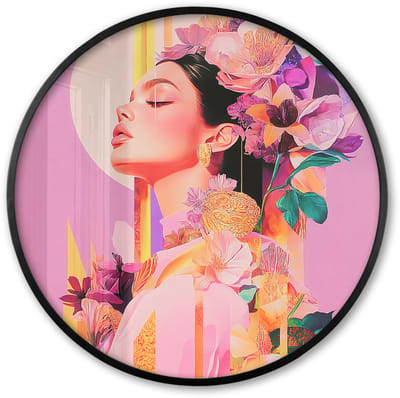 Poster in lijst Rond - Fotolijst 60x60 cm - Posters - Vrouw - Bloemen - Paars - Abstract - Ronde posterlijst zwart - Decoratie - Wanddecoratie woonkamer - Muurdecoratie slaapkamer