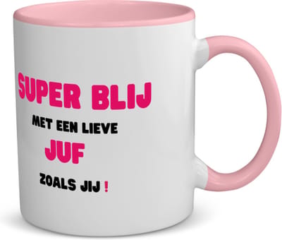 Akyol - super blij met een lieve juf zoals jij koffiemok - theemok - roze - Juf - leraressen - verjaardag - cadeautje voor juf - juf artikelen - kado - geschenk - collega's - 350 ML inhoud