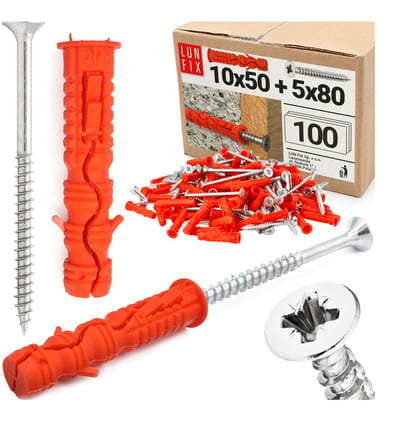 LUN FIX - Dübel Set 10x50 mm + schroeven 5x80 mm - 100 stuks - slagpluggen - universele pluggen voor beton, baksteen, holle blokken