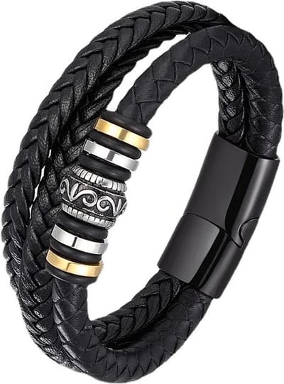 Armband Heren - Zwart Leer met Stalen Accenten - Leren Armbanden - Papa Cadeau Voor Mannen - Vaderdag
