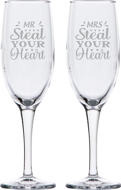 Gegraveerde set Champagneglazen 16,5cl Mr. Steal your heart - Mrs. Steal your heart