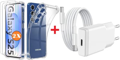 USB C Adapter - oplader - USB C Snellader 20W Met 1m Kabel - Hoesje Geschikt voor Samsung Galaxy S25 / S24 hoesje transparant Anti Shock silicone met 2x screenprotector- Ntech COMBI-SET