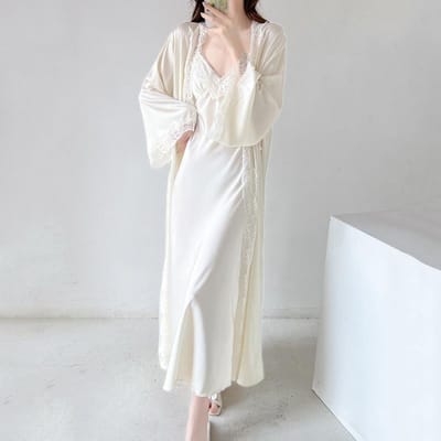 Sexy Dames Lange Kimono Badjas Nachthemd Roze Patchwork Kant Bruiloft Nachthemd & Badjas Set Zomer Nachtkleding Casual Satijn Huiskleding XL white