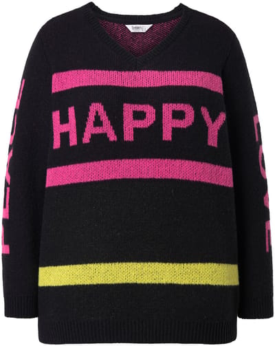 Angel of Style - Dames - Trui Happy straight fit opschrift - Zwart - Maat 42+