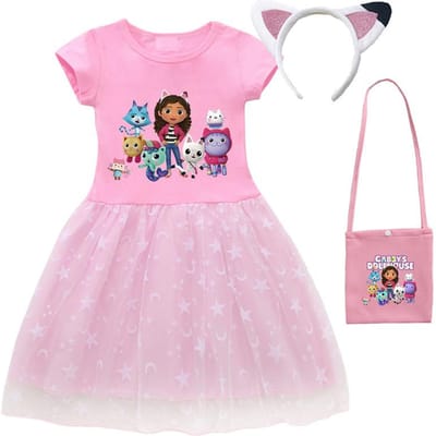 Nouvelle Robe d'Été Cartoon Gabby Cats pour Bébés Filles Robe Princesse Sac Bandeau Enfants Déguisement Cosplay Maison de Poupées de Gabby 130 pink