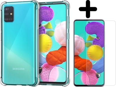 Hoesje - Met Screenprotector - Geschikt voor Samsung Galaxy A51 - Sterk & Shockproof - Siliconen Case - Back Cover - Telefoon Hoes - Shock Proof - Telefoonhoesjes - Transparant