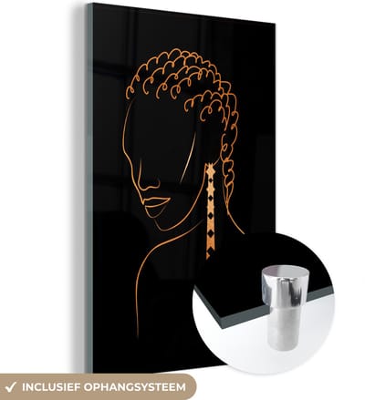 MuchoWow® Glasschilderij 40x60 cm - Schilderij acrylglas - Vrouw - Goud - Oorbel - Line art - Foto op glas - Schilderijen