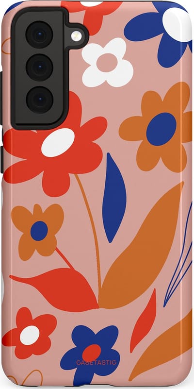 Casetastic hoesje geschikt voor Samsung Galaxy S21 FE 5G - Dubbellaagse bescherming - Vormen in bloei - Fashion Case - Perzik Rood Donkerblauw