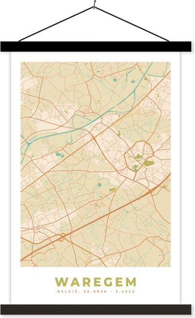 Posterhanger incl. Poster 40x60 cm - Schoolplaat - Kaart - Plattegrond - Vintage - Stadskaart - Waregem - Textielposter - Zwarte latten - Stadskaart