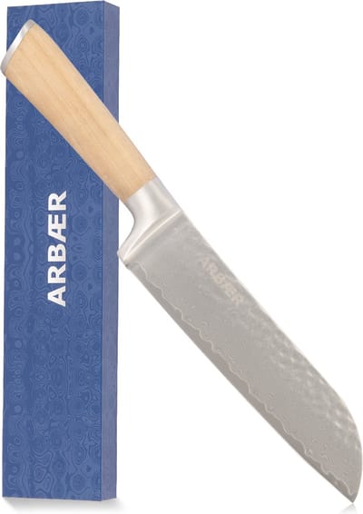 Arbaer Santoku Koksmes 18,5 cm - Damascus Staal - Olijfhouten handvat - Japans