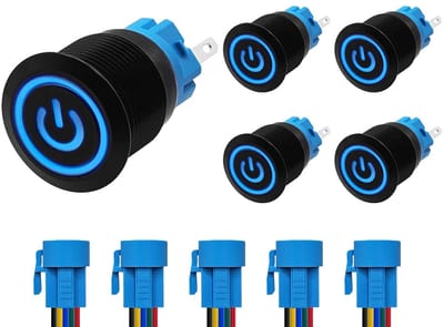 ProRide Drukschakelaar ON-OFF 220V - 19mm Metaal - Waterdicht - LED Blauw - Met Kabels - 5 stuks