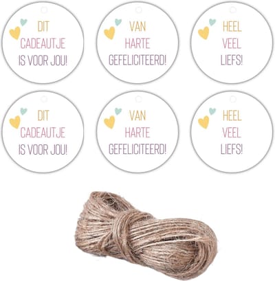 Cadeaulabels Papier voor Verschillende Gelegenheden - 12 stuks - Met 2 meter jute touw - 6,5 cm