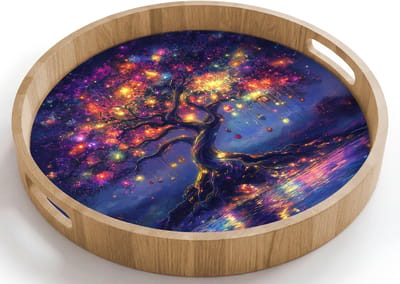 Dienblad rond 40x40 cm - Schootdienblad hout - Kosmisch - lichtboom - Kerst - Kleurrijk - Borrelplank rechthoek - Plateau houten dienbladen