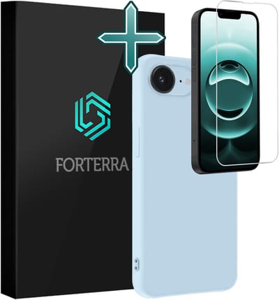 Hoesje Met Screenprotector - Geschikt voor Apple iPhone 16e - Sterk & Shockproof - Telefoon Hoes - Back Cover - Siliconen Case - Lichtblauw