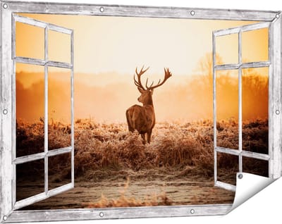 Gards Tuinposter Doorkijk Hert in de Wei tijdens de Zonsopkomst - 120x80 cm - Tuindoek - Tuindecoratie - Wanddecoratie buiten - Tuinschilderij
