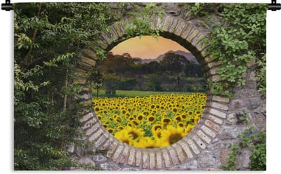 Wandkleed - Wanddoek - Doorkijk - Bloemen - Zonnebloem - 180x120 cm - Wandtapijt