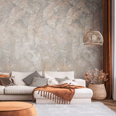 Fotobehang Profhome 392621-GU vliesbehang hardvinyl warmdruk in reliëf glad met palmen mat bruin beige crèmewit grijs 1,59 m x 2,8 m