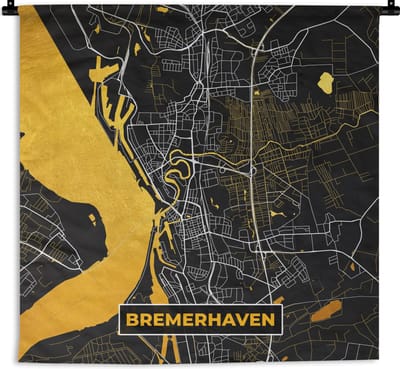 Wandkleed - Wanddoek - Bremerhaven - Plattegrond - Goud - Kaart - Duitsland - Stadskaart - 180x180 cm - Wandtapijt