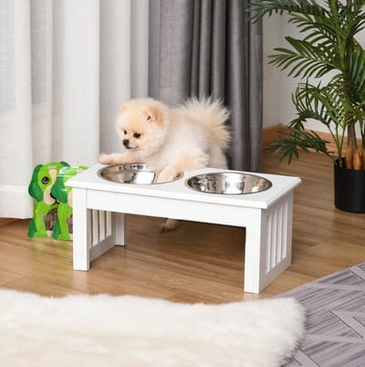 Wishdor - Honden voerstation - Verhoogde dubbele voerbak - Anti-slip en stabiel - Scandinavisch - Voor voerplek in huis - RVS - Wit - 44 x 24 x 15 cm