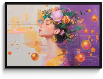 Poster in lijst - Fotolijst 90x60 cm - Posters - Abstract - Vrouw - Bloemenkroon - Goud - Posterlijst zwart - Decoratie - Wanddecoratie woonkamer - Muurdecoratie slaapkamer