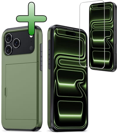 Hoes Geschikt voor iPhone 17 Pro / 18 Pro Hoesje Hard Case Met Pas Houder Met Screenprotector - Hoesje Geschikt voor iPhone 17 Pro / 18 Pro Hoes Shockproof Hard Cover Met Kaarthouder - Donkergroen