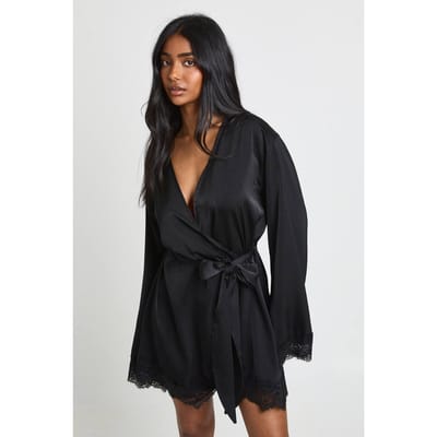 boohoo Dames Bruidskanten Detail Satijnen Mini Kimono | Zwart | Maat: 40