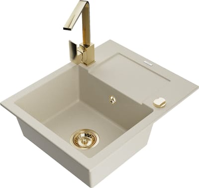 Mexen Enzo granieten spoelbak met 1 kuip, afdruiprek en keukenmengkraan Rita, beige - 6506-69-670300-50