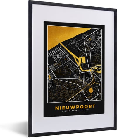 Fotolijst incl. Poster - Kaart - Stadskaart - Plattegrond - Nieuwpoort - Goud - 30x40 cm - Posterlijst