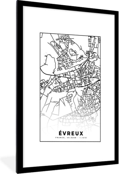 Fotolijst incl. Poster Zwart Wit- Stadskaart – Plattegrond – Évreux - Kaart – Frankrijk - Zwart wit - 60x90 cm - Posterlijst