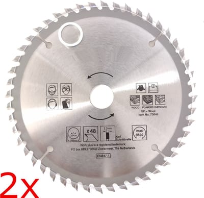 2x TCT 48 tands Cirkelzaagblad Ø 160 x 2.2 x Ø 20mm Carbide tanden incl 1 verloopring 16mm (46)