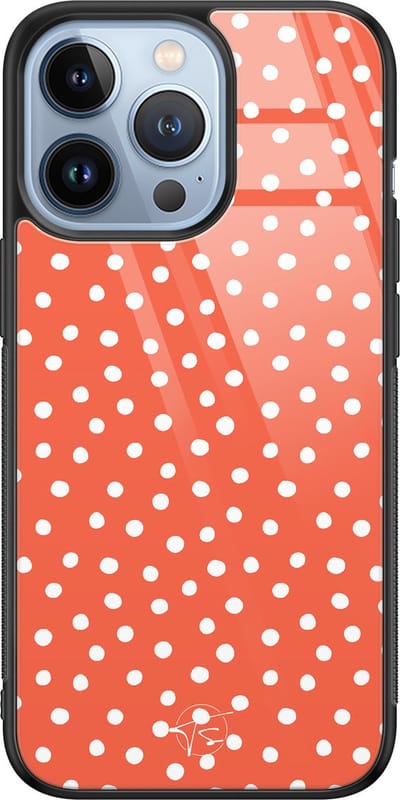 Hoesje geschikt voor iPhone 13 Pro - Oranje stippen - Luxe Hard Case - Gestipt - Oranje - Mooie Telefoonhoesjes