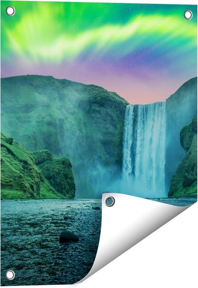 Gards Tuinposter Waterval met het Groene Noorderlicht - 40x50 cm - Tuindoek - Tuindecoratie - Wanddecoratie buiten - Tuinschilderij