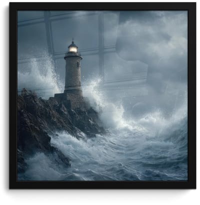 Poster in lijst - Fotolijst 40x40 cm - Posters - Rotsen - Vuurtoren - Golven - Klliffen - Posterlijst zwart - Decoratie - Wanddecoratie woonkamer - Muurdecoratie slaapkamer