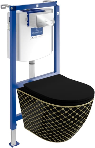 Villeroy&Boch Inbouwreservoir Complete Toiletset ViConnect H112 - Inbouw WC Hangtoilet Wandcloset SOFI SLIM BLACK NIGHT - Bedieningsplaat Chroom - Voorwandelement voor toilet - Installatiesysteem