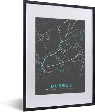 Fotolijst incl. Poster - Kaart – Plattegrond – Stadskaart – Durbuy – België - Grijs - 30x40 cm - Posterlijst