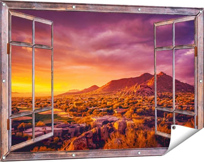 Gards Tuinposter Doorkijk Woestijn Landschap met Zonsondergang - 120x80 cm - Tuindoek - Tuindecoratie - Wanddecoratie buiten - Tuinschilderij