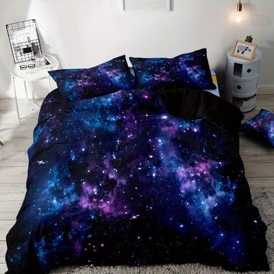 Zachte en Comfortabele Paarse Sterrenstelsel Print Dekbedovertrekset Wasbaar Microfiber Beddengoed voor Slaapkamer en Gastenkamer 135X200cm black
