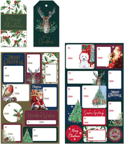55 Luxe Kerst Cadeaulabelset - assortiment van 51 Naamstickers & 4 Naamlabels met koord