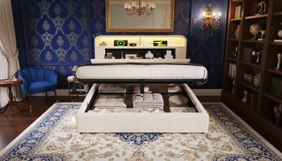Gestoffeerd tweepersoonsbed 180x200 cm – Casa Velluto Luxe Fluwelen Bed met In Hoogte Verstelbaar Hoofdeinde, Opbergruimte, Hydraulisch Mechanisme, LED-Verlichting & USB/Type-C Laadstation, Modern Design, Beige, Inclusief Lattenbodem