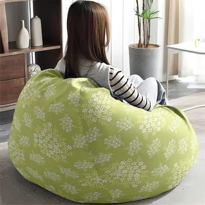Zitzak Hoes - Stoelhoes Bankhoes - Speelgoed Opbergen - Zacht Katoen Linnen - 90x110cm - Wit Bloemmotief