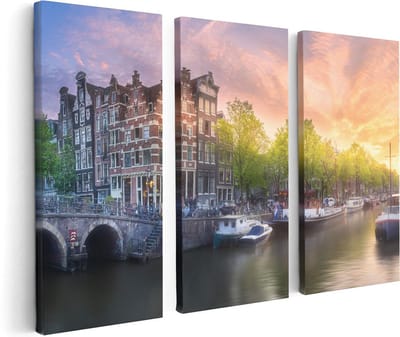 Artaza Canvas Schilderij Drieluik Amsterdamse Grachten  - 120x80 - Foto Op Canvas - Canvas Print