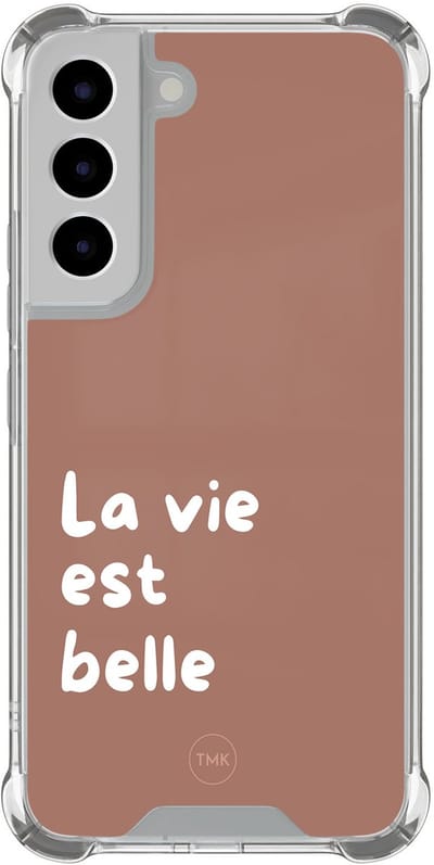 Shockproof hoesje geschikt voor Samsung Galaxy S22 - La vie est belle - Schokbestendig - Verhoogde randen - TPU case - Extra Sterke Back Cover - Tekst - Transparant, Bruin