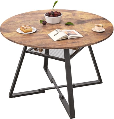 Ronde eettafel, 120 x 75 cm, vintage bruin blad, zwarte metalen poten, keukentafel voor woonkamer, balkon of eetkamer