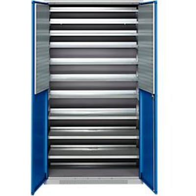Schäfer Shop Genius tijdschriftenkast FS, 5 OH, afsluitbaar, 10 legborden, 2 geperforeerde legborden, tot 450 kg, B 1055 x D 520 x H 1950 mm, blank aluminium/ gentiaanblauw