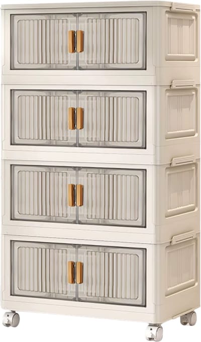 4-Laags Opvouwbare Opbergkast - Voor Woonkamer & Slaapkamer - Stapelbare Lade-opbergbox - Met Wielen - WIT