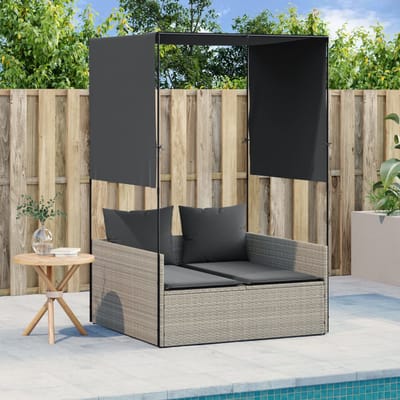 vidaXL - Ligbed - tweepersoons - met - dak - en - gordijn - poly - rattan - lichtgrijs